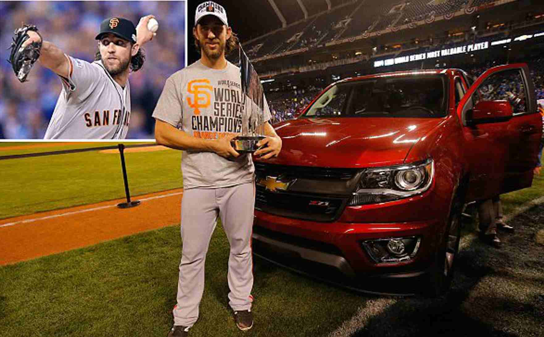 Madison Bumgarner getting award standing in front of his car